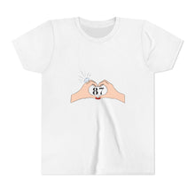 Load image into Gallery viewer, Swiftie Youth Short Sleeve Tee with Heart Design, Fun Kids T-Shirt, Birthday Gift for Girls, Heart Hands Tee, Playful Summer Top