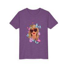 Load image into Gallery viewer, Butterfly Girl Youth Tee, Trendy Kids T-Shirt, Summer Fashion, Gift for Tweens, Cute Graphic Tee, Butterfly Print