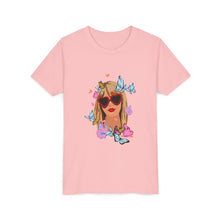 Load image into Gallery viewer, Butterfly Girl Youth Tee, Trendy Kids T-Shirt, Summer Fashion, Gift for Tweens, Cute Graphic Tee, Butterfly Print