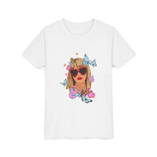 Load image into Gallery viewer, Butterfly Girl Youth Tee, Trendy Kids T-Shirt, Summer Fashion, Gift for Tweens, Cute Graphic Tee, Butterfly Print