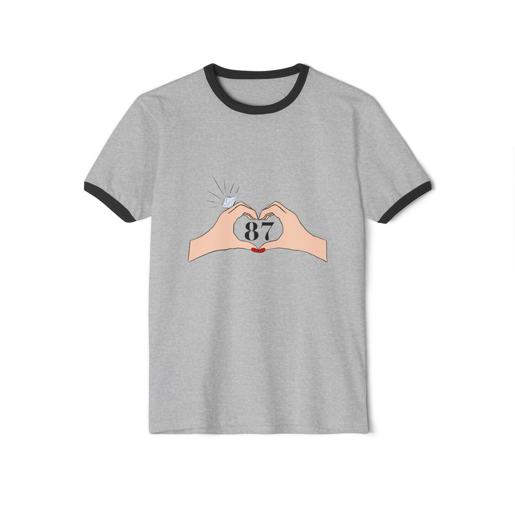 Heart and 87 Unisex Ringer T-Shirt, Casual Tee, Gift for Couples, Birthday Shirt, Anniversary Gift, Unique Graphic Tee