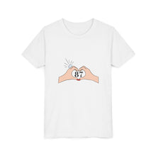 Load image into Gallery viewer, Swiftie Youth Short Sleeve Tee with Heart Design, Fun Kids T-Shirt, Birthday Gift for Girls, Heart Hands Tee, Playful Summer Top
