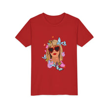 Load image into Gallery viewer, Butterfly Girl Youth Tee, Trendy Kids T-Shirt, Summer Fashion, Gift for Tweens, Cute Graphic Tee, Butterfly Print
