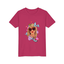 Load image into Gallery viewer, Butterfly Girl Youth Tee, Trendy Kids T-Shirt, Summer Fashion, Gift for Tweens, Cute Graphic Tee, Butterfly Print
