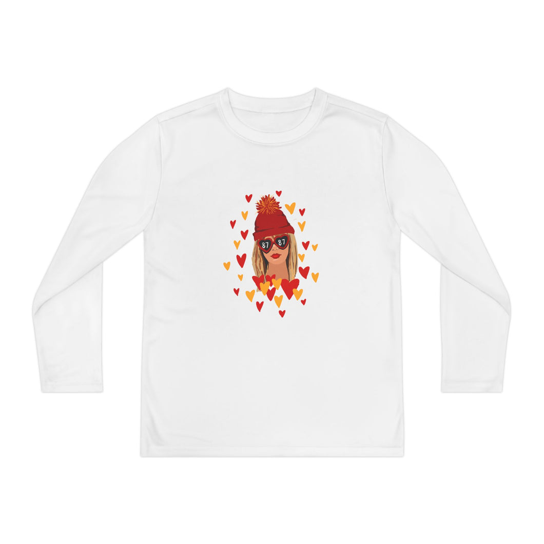 Swiftie Youth Long Sleeve Tee with Heart Design, Cute Gift for Fans, Youth Clothing, Valentine’s Day Outfit, Fun Statement Tee