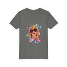Load image into Gallery viewer, Butterfly Girl Youth Tee, Trendy Kids T-Shirt, Summer Fashion, Gift for Tweens, Cute Graphic Tee, Butterfly Print
