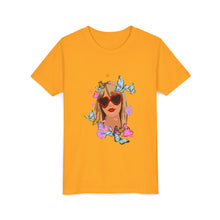 Load image into Gallery viewer, Butterfly Girl Youth Tee, Trendy Kids T-Shirt, Summer Fashion, Gift for Tweens, Cute Graphic Tee, Butterfly Print
