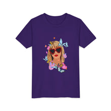 Load image into Gallery viewer, Butterfly Girl Youth Tee, Trendy Kids T-Shirt, Summer Fashion, Gift for Tweens, Cute Graphic Tee, Butterfly Print
